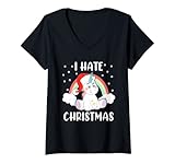 Damen Nikolaus Einhorn Regenbogen Ugly Christmas Weihnachten T-Shirt mit V