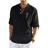 Shirt Herren V Ausschnitt Loose Einfarbig Leinenhemd Herren Komfortabel Atmungsaktiv Langarm Shirt Herren Einfachheit Mode Sandstrand Style Lassig Shirt Herren B-Black XL