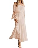 Style Dome Damen Schulterkleid Langarm Bohemian Kleid Blumenmuster Strandkleid Casual Sommerkleider Lang Maxikleid 4 Aprikose L