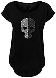 BlingelingShirts Damen Fun Shirt Totenkopf kristall und schwarz zweifarbig Skull Shirt Black and White, schwarz, Gr. XL E