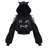 WWricotta Black Hoodie Langarm Kapuzenpullover Sweatshirt Hollow Out Gothic Tops Bluse Kapuzenpullover Katzenohren Schwarz Herbst Und Winter Bluse KöLn Karneval Partykleidung