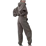 Damen Jumpsuit Kapuzenpullover Jogger Jogging Anzug Trainingsanzug Overall Jogginganzug 2-teiliges Set Crop Top Legging Freizeitanzug Sportanzug mit Taschen Fitnessanzug für Running Yoga Gym W