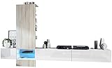 Vladon Wohnwand Anbauwand Manhattan V3, Korpus in Weiß matt/Fronten in Weiß Hochglanz, Paneel in Eiche sägerau mit LED Beleuchtung