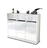 Stil.Zeit Highboard Kommode Monja - Korpus Weiss matt - Front Hochglanz-Design Weiß (136x108x35cm) - Push-to-Open Technik & hochwertigen Leichtlaufschienen - Made in Germany