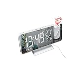 YYLI Projektionswecker, Digital Projektionswecker Mit FM-Radio, Radiowecker Mit USB-Ladeanschluss/ 4 Helligkeiten/LED Spiegelbildschirm/Snooze Dual Alarm, Temperatur- Und Luftfeuchtigkeitsanzeig