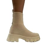 ORANDESIGNE Damen Gestrickte Kurze Stiefel Mode Plateau Einfarbig Gestrickte Stiefeletten mit Runder Zehenpartie Plattform Freizeitstiefel Atmungsaktiv Schlupfstiefel A Beige 36 EU