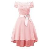 YWLINK Damen Elegant Keine Schulter Spitze Patchwork Mini-Chiffon Vokuhila Spitzenkleid Abendkleid Frauen Prom Swing Abend Party Cocktailkleid Formal Brautjungfernkleid(Rosa,M)