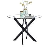 GOLDFAN Esstisch Glas Wohnzimmertisch Klein Rund Glastisch Küchentisch Moderner Tisch mit Schwarze Beine für Wohnzimmer Büro Kü