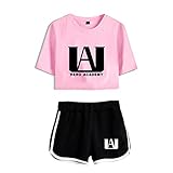 Tomwell Damen T-Shirt + Shorts My Hero Academia Anime Drucken Casual Crop Top Oberteile Street Fashion 2 Stück Set Cosplay Sportswear Sommer Anzug Suit für Mädchen D Rosa Schwarz S