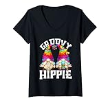 Damen Niedlicher Gartenzwerg für Damen und Herren – lustiger Hippie T-Shirt mit V