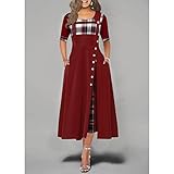 QBQZXAOSOWH Hübsche Kleider Dress Damen Kleider Für Frauen Halbarm Plaid Print Hohe Taille Knopfdetail Schlankes Maxikleid Elegantes Partykleid Plus Größe L Burg