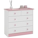 IDIMEX Kommode Rondo, schöne Anrichte mit 5 Schubladen, praktisches Sideboard aus massiver Kiefer in weiß/rosa, Zeitlose Schubladenkommode mit Holzg