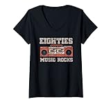 Damen Love 80s Eighties Music Rocks Retro Boomboks Kassettenspieler T-Shirt mit V