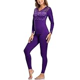Jusfitsu Damen Thermounterwäsche Lange Unterhose Set Ultra Soft Base Layer Top & Bottom Pyjama Set mit Spitzenbesatz, violett, M