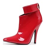COSY-L Stiefeletten Stiletto Damen mit Schloss, 12cm High Heels in Übergröße, Spitz High Heels aus Lackleder,Rot,38EU