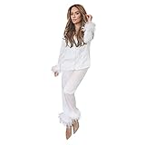 Jaysis Pyjama Set Damen Satin Schlafanzug Zweiteiliger Elegant Langarm V Ausschnitt Nachtwäsche mit Knopfleiste Manschette mit Feder Quaste und Pyjamahose Lang Hose und Tops Hausanzug wear S