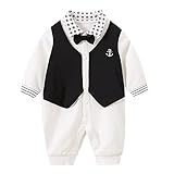 Neugeborenes Baby Jungen Gentleman Jumpsuit Smoking Outfits Bodysuit Kariert Strampler mit Fliege Hochzeitsanzug Langarm Einteiler Set, weiß, 50