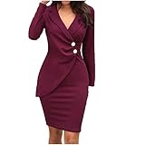 Pamilk Damen Bodycon Business Kleid Lange Ärmel Knopf Elegante Geschäft Figurbetonte Knielang Kleider Festliches Cocktail Bleistiftk