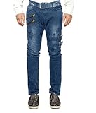 Partvece Herren Mode Vintage Doppelgürtel Akzent Grunge Slim Jeans Casual Street Style Hip Hop Ripped Retro Denim Hose, blau, X-Groß