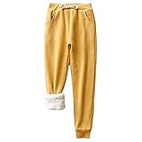 GYYlucky Gefütterte Hose Damen Winter Warm Sherpa-Innenfutter Thermo Sporthose Mit Taschen Lang Weich Haushose Freizeithose Trainninghose Mit Kordelzug Yogahose (Color : Yellow, Size : S)