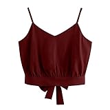 JOYISURE Tops Damen Bowknot Einfarbiges Leibchen - Ärmellos Oberteil V-Ausschnitt Tanktops Camisole Rückenfre Spaghettitop Baumwolle Sommer Korsett Y2k Schlank Leibchen(Wein,XL)