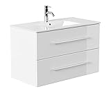 EINFACH GUTE MÖBEL Badezimmer Badmöbel Waschtisch Design-Waschplatz KUBOA 90cm breit | 2 Schubfächer + SoftClose | weiß-Hochglanz …
