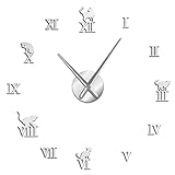 3D Große Wanduhr DIY Große Moderne Rahmenlose Wohnkultur Katze Große Uhr Spiegel Für Schlafzimmer Wohnzimmer Kitty Wanddeko,Silber,27 Z