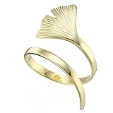 Goldener Ginkgo-Ring aus 925 Silber mit Ginkgo-Blatt als Motiv, hochwertig von Hand angefertigt, made in Germany mit goldener Oberfläche, Größe anpassbar und flexibel (56)