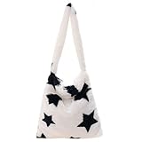 SoeHong Plüsch Einkaufstasche Damen, Schultertaschen, Frauen Mode Blumendruck Plüsch Schultertasche Winter Große Kapazität Handtasche für Frauen Mode, Weiße Sterne,
