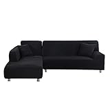 ele ELEOPTION Sofa Überwürfe elastische Stretch Sofa Bezug 2er Set 3 Sitzer für L Form Sofa inkl. 2 Stücke Kissenbezug (Schwarz)