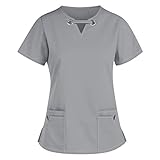 Tunika-Tops für Damen, gebogen, V-Ausschnitt, Arbeitskleidung, Tops_Schlupfkasack, Weihnachtsdruck, Uniformen, Tunika, Tops, kurzärmelig_Scrub Tops Damen_Scrub Arbeitskleidung, grau, XXX-Larg