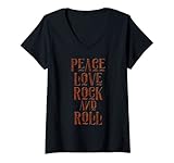 Damen Coole Peace Love Rock'n'Roll-Musik T-Shirt mit V