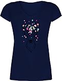 Kompatibel mit Oktoberfest Damen Trachtenshirt - Hirsch mit kleinen Blumen - schwarz - L - Dunkelblau - Hirsch Shirt Damenmode - XO1525 - Damen T-Shirt mit V