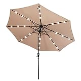 NANFAN 9ft Garten-Sonnenschirm Mit Solarbetriebenen LED-Leuchten Sonnenschirm Mit 8 Stabilen Rippen Outdoor-Kurbel Und Kippbarem Sonnenschirm Für Terrasse Und Balkon,Khak