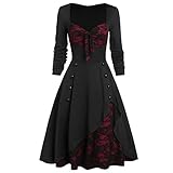 Lazzboy Kleider Frauen Plus Größen Partei Retro Kleid Blumen Spitze Einsatz Scheinknopf Bowknot Weinlese Damen Große Größe Winter(Rot,XL)