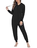 Jumpsuit Damen Onesie Schlafoveralls Jogging Anzug mit Kapuze Trainingsanzug Einteiler Schlafanzug Langarm Strampler Kuscheliges Pyjamas mit Reißverschluss für Frauen M