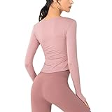 Training Frauen Sport Top Frauen Herbst und Winter Yoga Bluse V-Ausschnitt Langarm Laufen Elastische Daumen Löcher Lose Freizeit Gym T-Shirt Yoga (Color : Smoky pink Shirt, Size : L)