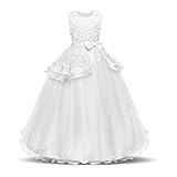 NNJXD Mädchen Ärmellos Stickerei Prinzessin Festzug Kleider Abschlussball Ballkleid Größe(130) 6-7 Jahre 354 Weiß