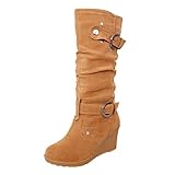 Huaya Keilschuhe Für Damen Frosted Leder Halbhohe Stiefel Damenstiefel Mit Schrägem Absatz Runder Kopf Gürtelschnalle Hohe S