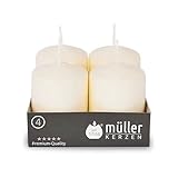 Müller Stumpenkerzen - Set mit 4 Säulenkerzen - Farbe Elfenbein - 48 x 62 mm - Lange Brenndauer: 10 Stunden - Tropffrei Wachskerzen, Ohne Duft - BSS Brandschutz - RAL Q