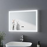 KOBEST LED Badspiegel mit Beleuchtung 80x60cm Badezimmer Wandspiegel mit Touchschalter, Beschlagfrei, Uhr, 3 Lichtfarbe Warmweiß Neutral Kaltweiß Lichtspiegel Badezimmerspiegel IP44 Energiesp