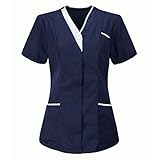 KOG Damen Kurzarm Arbeitskleidung V-Ausschnitt Hemden Uniform Tunika Tops mit Taschen Einfarbig Scrub_Tops Sommer Kurzarm Tee Tops Hemd Bluse Female Teenager Mädchen Oversize Ob