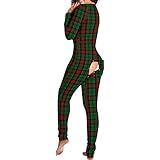 Damen Sexy Schlafanzug mit tiefem V-Ausschnitt, Weihnachten, Langarm, Einteiler mit Weihnachtsdruck, Strampler mit Weihnachtsmotiv, Nachtwäsche Overall (grünes Plaid, klein)