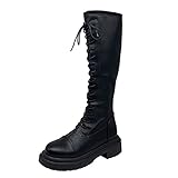 Frauen Herbst Winter Stiefel Kniehohe Stiefel Runde Zehe Kreuzgebunden Stilvolle Rutschfeste Slim Fit Elastische Chunky Heel Zip Hohe S