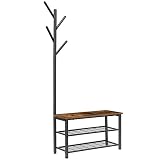 HOOBRO Garderobenständer, Kleiderständer, Garderobe mit Schuhbank, Schuhregal mit Sitzfläche, 4 Haken, 2 ablagen und Sitzbank, 72 x 30 x 180 cm, Robust, für Eingang, Flur, Wohnzimmer EBF12HX01