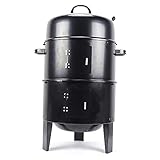 Grilltonne, Räuchergrill Smoker 3 in 1 BBQ Holzkohlegrill Geschmort Geräuchert Gegrillt Räucherofen Grill Tonne mit Deckel Thermometer für Garten T