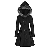 LUNULE Damen Wollmantel Jahrgang Slim Kapuzenjacken Einfarbig Übergangsjacke mit Fellkapuze für Frauen Plüschkragen Zweireihiger Mantel Trenchcoats Herbst Winter Frau Outdoorjacke Übergang