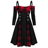 Damen Rundhalsausschnitt Spitzennähte Knopf Langarm Kleid Plissee Damenmode Übergröße Offene Schulter Plaid Panel Knopf A-L