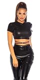 Koucla Top Wetlook Crop Top Tanktop zum Binden Bauchfrei Kurzarm (Schwarz)