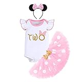 Baby Mädchen 1/2/1./2./3. Geburtstag Outfits Minnie Maus Prinzessin Kostüm Rüschen Strampler/T-Shirt Top+Polka Dots Tutu Rock+Stirnband 3 Stück Kuchen Smash Fotoshooting Rosa-Two 2 J
